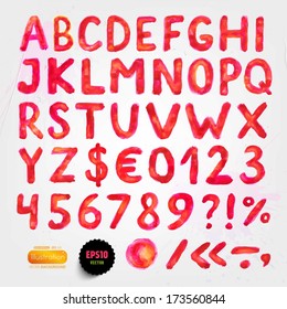 Watercolor handwritten alphabet. Numbers and symbols. Eps10 vector.