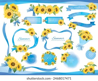 Watercolor handwritten touch sunflower and blue ribbon material set