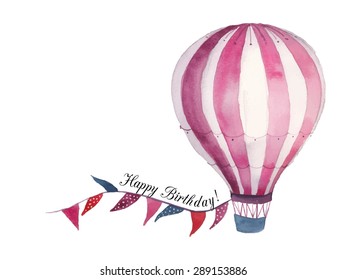 Watercolor Happy birthday baby card with air balloon and flags garland. Hand drawn vintage collage illustration with hot air balloon and banner in sky. Vector design