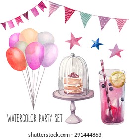 Watercolor Happy Birthday Party Set. Hand Drawn Vintage Celebration Objects: Lemonade Glass, Air Balloons, Flags Garland, Naked Cake, Stars. Vector Design Elements