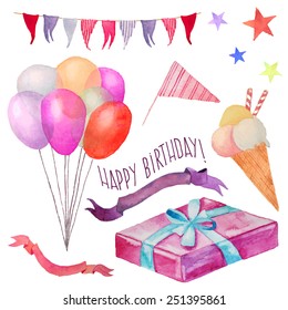 Watercolor Happy Birthday Set. Hand Drawn Vintage Celebration Objects: Gift Boxe, Air Balloons, Flags Garland, Ribbons, Stars. Vector Design Elements