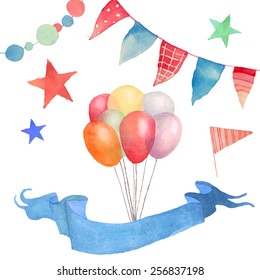 Watercolor Happy birthday set. Hand drawn vintage celebration objects: air balloons, flags garland, ribbon, stars. Vector design elements