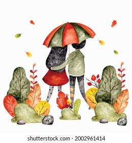 Watercolor happy couple with flower and umbrella
