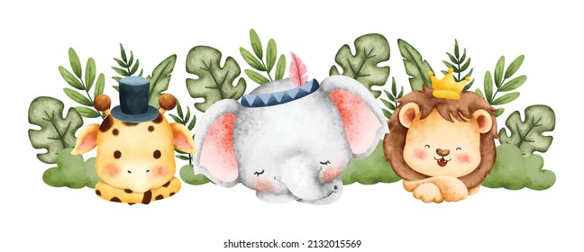 Watercolor happy cute safari animals banner 