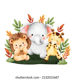 Watercolor happy cute safari animals 