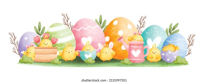 Watercolor Happy Easter chick with Easter eggs in the garden banner