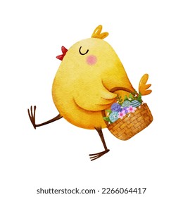 Watercolor happy Easter chicken walking and holding basket with flower and eggs