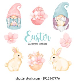 Watercolor Happy Easter day with cute gnome and Easter bunny. Vector Illustration 