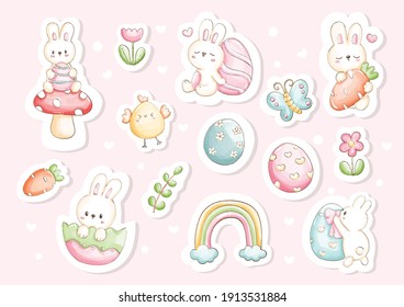 Watercolor Happy Easter day Stickers with cute bunny and Easter's Elements, Vector illustration. 