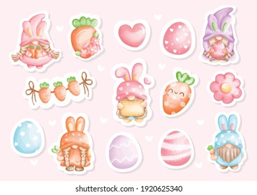 Watercolor Happy Easter day Stickers with cute gnome and Easter's Elements, Vector illustration. 