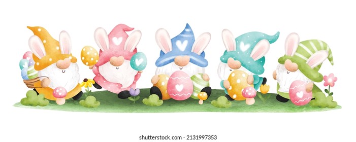 Watercolor Happy Easter gnome with Easter eggs in the garden banner 