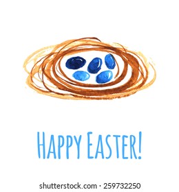 Watercolor Happy Easter greeting card with blue eggs and nest