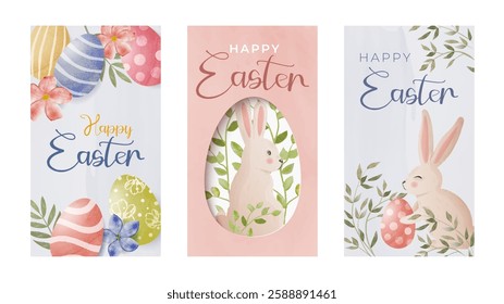 Watercolor happy Easter poster set with colorful eggs, cute bunnies, and floral accents. Perfect for greeting cards, holiday decor, digital designs. Soft pastel tones create a festive, springtime vibe