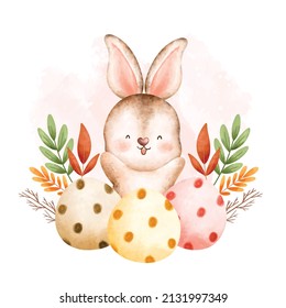 Watercolor Happy Easter rabbit with Easter eggs 