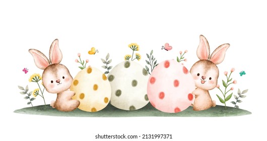 Acuarela Feliz conejo de Pascua con huevos de Pascua en el jardín 