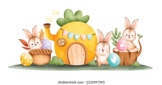 Watercolor Happy Easter rabbit with Easter eggs in the garden 