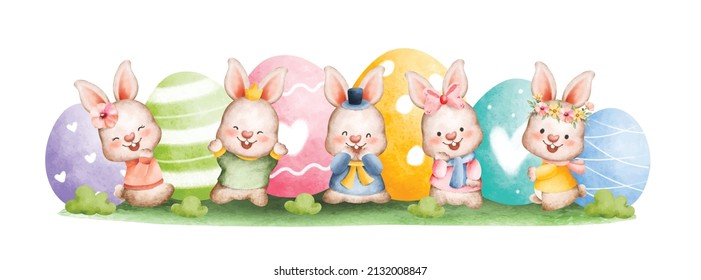 Watercolor Happy Easter rabbit with Easter eggs in the garden banner