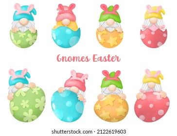 Watercolor happy Gnomes Easter Clipart, rabbit, egg, Digital painting