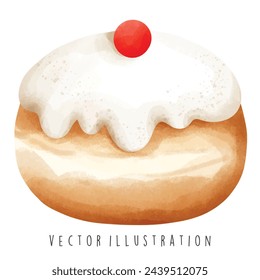 Watercolor Happy Hanukkah with desserts. Vector Illustration