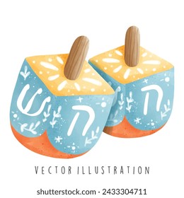 Watercolor Happy Hanukkah with dreidel. Vector Illustration