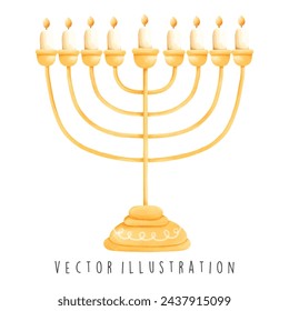 Watercolor Happy Hanukkah with Menorah. Vector Illustration