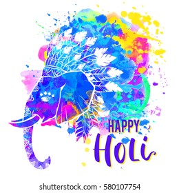 Watercolor Happy Holi and Dolyatra celebration card. Invitation card in vector. Elephant animal