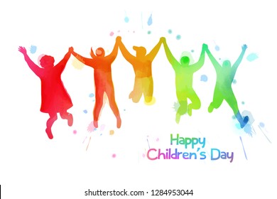 Watercolor of happy kids jumping together . Happy children's day.
