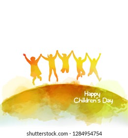 Watercolor of happy kids jumping together . Happy children's day.