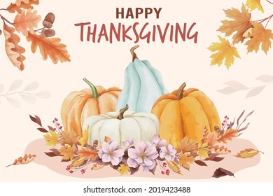 Watercolor happy thanksgiving day background with autumn leaves and pumpkins