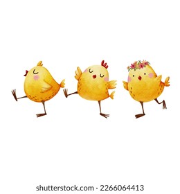 Watercolor happy three Easter chicken on white background