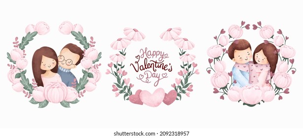 Watercolor Happy valentine couple with flower wreath set 