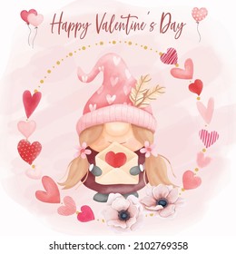 Watercolor happy valentines day background with cute gnome