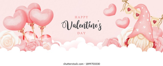 Acuarela Feliz Día de San Valentín con globos de Gnome y corazón. 