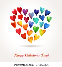 Watercolor Happy Valentines Day Rainbow Hearts Cloud. Vector Design. 