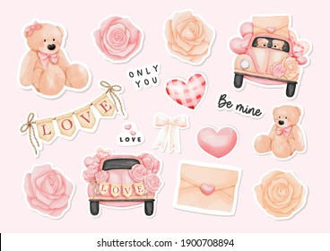 Watercolor Happy Valentine's day Stickers with Teddy bear and Valentine's Elements, Vector illustration. 