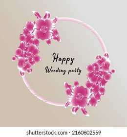 Watercolor happy weeding party, greeting card, design with frame and flowers with ornaments.