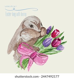 Liebre de acuarela con flores. Vector de la colección de Pascua. Colores delicados, tulipanes