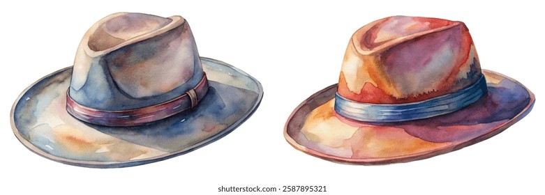 Watercolor hat illustration, colorful design, artistic style, vintage accessories, creative artwork, fashion details, stylish headwear.