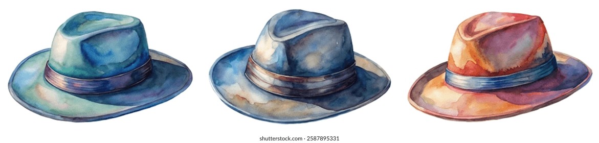 Watercolor hat illustration, stylish headwear, artistic design, vibrant colors, fashion accessory, creative artwork.