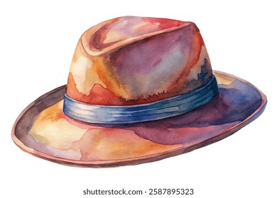 Watercolor hat illustration, vibrant colors, artistic design, stylish accessory, fashion illustration, creative artwork.