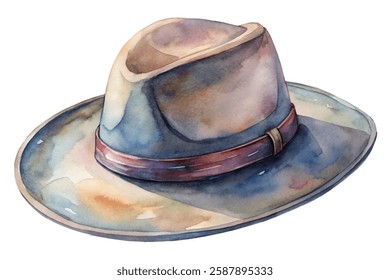 Watercolor hat illustration, vintage style, soft colors, artistic design, fashion accessory, trendy headwear.