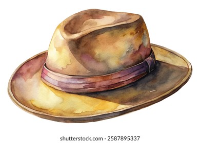 Watercolor hat illustration, vintage style, artistic design, soft colors, fashion accessory, artistic expression.