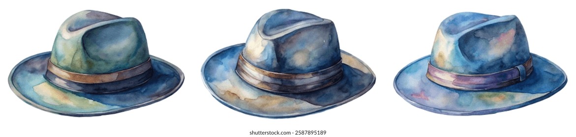 Watercolor hats illustration, stylish fedora designs, artistic renderings, vibrant color palette, fashion accessories artwork.