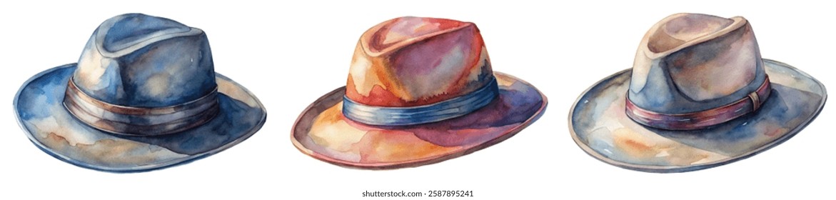 Watercolor hats illustration, stylish headwear, artistic design, fashion accessories, vibrant colors, creative artwork.