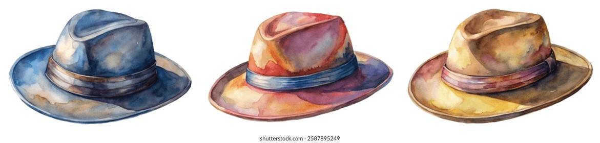 Watercolor hats illustration, stylish headwear designs, artistic fashion showcase, vibrant color palette, creative artwork.