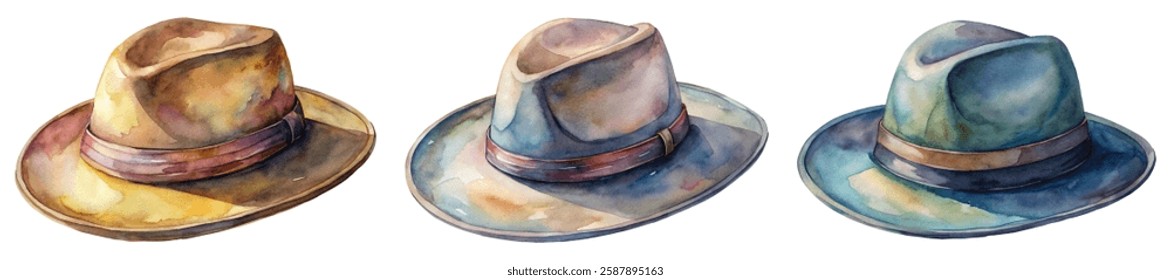 Watercolor hats illustration, vintage style, artistic design, colorful shades, fashion accessories, creative artwork, decorative elements.