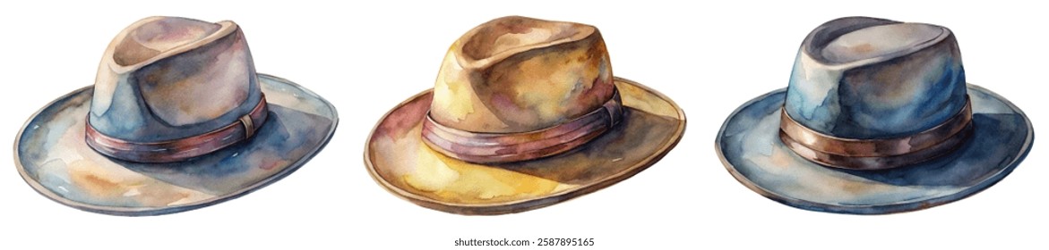 Watercolor hats illustration, vintage style, artistic design, colorful palette, fashion accessories, creative artwork.