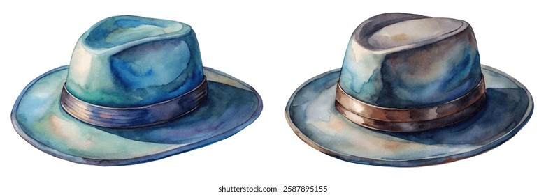 Watercolor hats, stylish accessories, artistic illustration, blue tones, fashion design, vintage appeal, creative artwork.