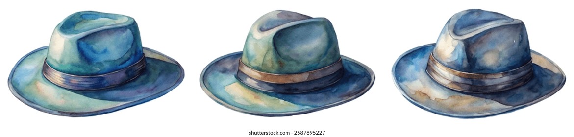 Watercolor hats, stylish accessories, artistic design, fashion illustration, blue tones, creative artwork, elegant presentation.