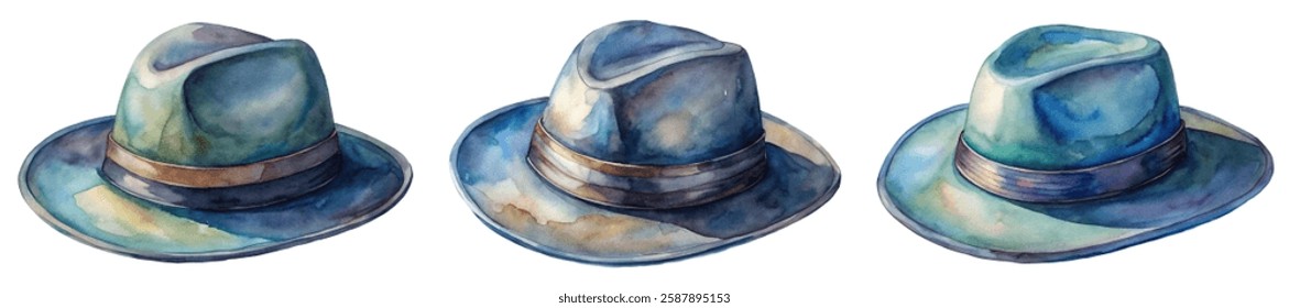 Watercolor hats, stylish design, artistic illustration, fashion accessories, vibrant colors, creative artwork, trendy headwear.